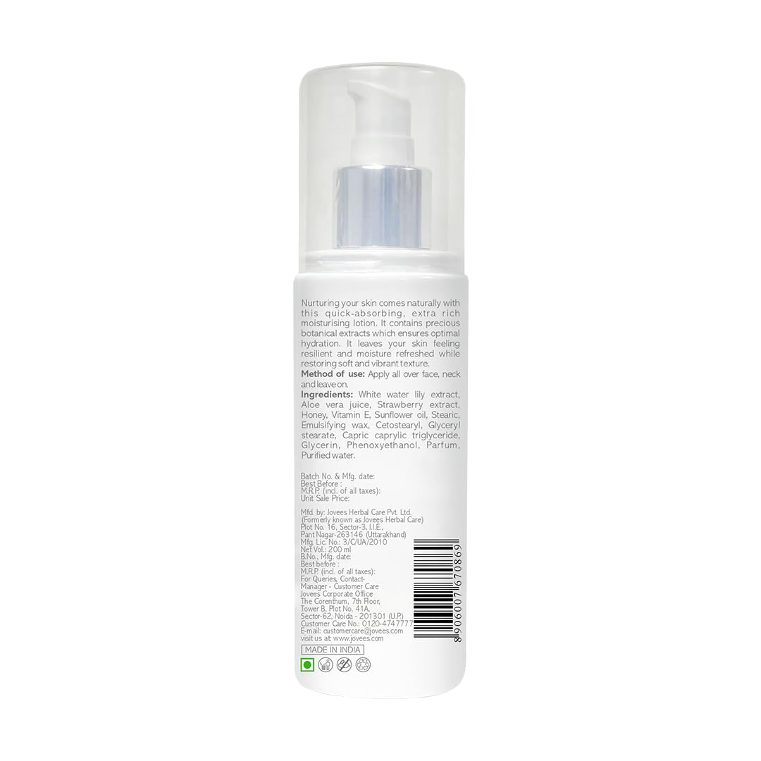 Jovees Herbal White Water Lily Moisturizing Lotion For Flawless Skin | Face Moisturiser For Everyday Use for Normal to Dry Skin | Lightweight, Non-Sticky, Optimum Moisturization- 200ML