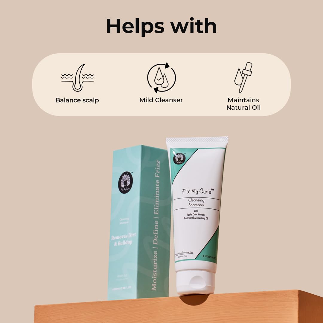 Fix My Curls Cleansing Shampoo for Curly Hair & Wavy Hair| Enriched with Apple Cider Vinegar, Tea Tree & Rosemary Oil| Anti-Frizz, Anti-Itch | pH Balanced, Paraben-Free, Silicone-Free & Sulfate-Free| 100ml