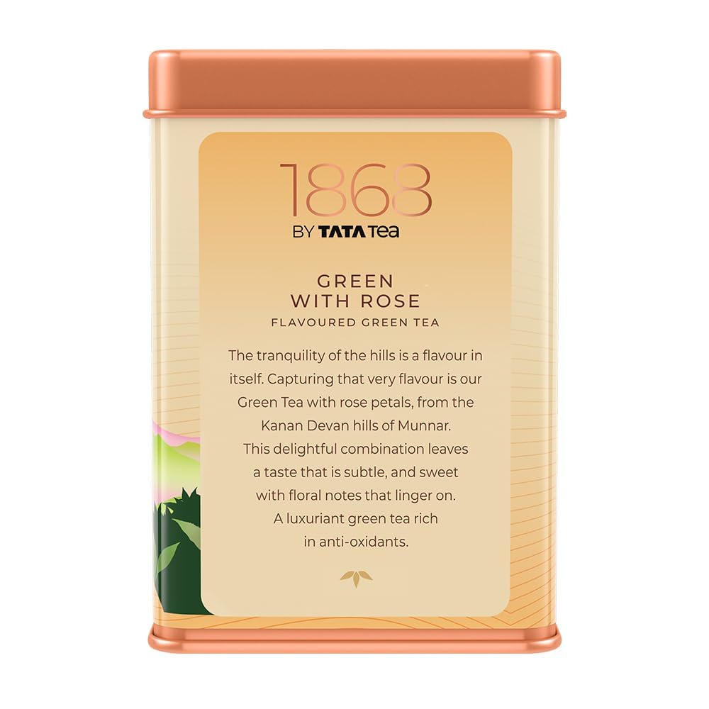 1868 by Tata Tea Green with Rose Tea Bags, Green Tea Leaves and Rose Petals, Green Tea Rich in Antioxidants, 15 Tea Bags