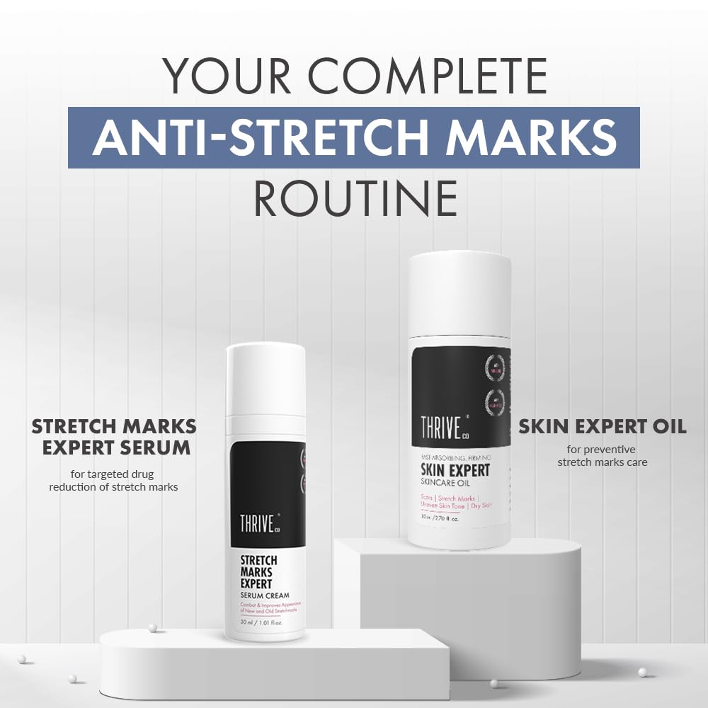 ThriveCo Stretch Marks Expert Serum Cream | For New (red) & Old (white) Stretch Marks Removal & Skin Hydration | Powered by Striover™, Rosehip Oil & Squalane | For Men & Women | 30ml