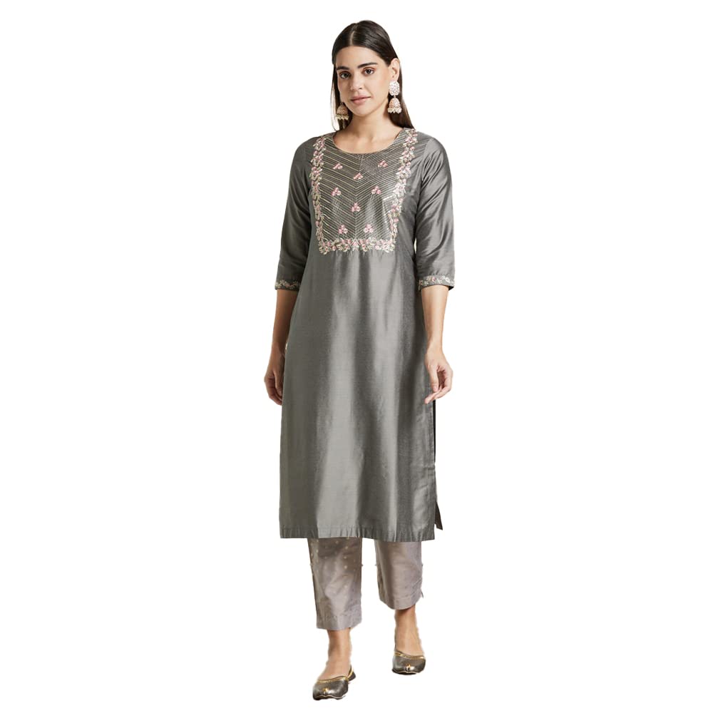 Kashish Women's  Viscose Embroidered Round Neck Straight Fit Kurta
