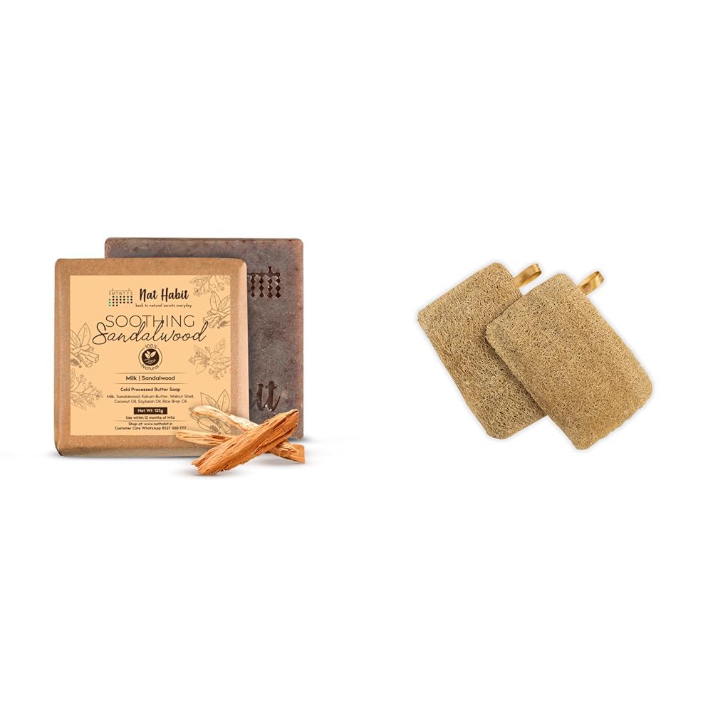 Nat Habit Cold Processed Sandalwood Bath Soap and Loofah Pack of 2 Combo For Women & Men, Soft Scrubbing & Exfoliation