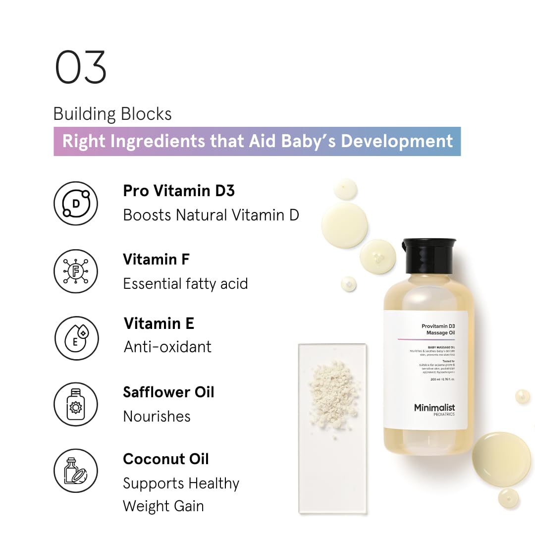 Minimalist Baby Massage Oil with Provitamin D3 | Fragance Free, Mineral Oil Free & Pediatrician Approved Baby Oil For Sensitive Skin | A Blend Of Coconut, Sunflower, Almond & Safflower Oil | 200ml