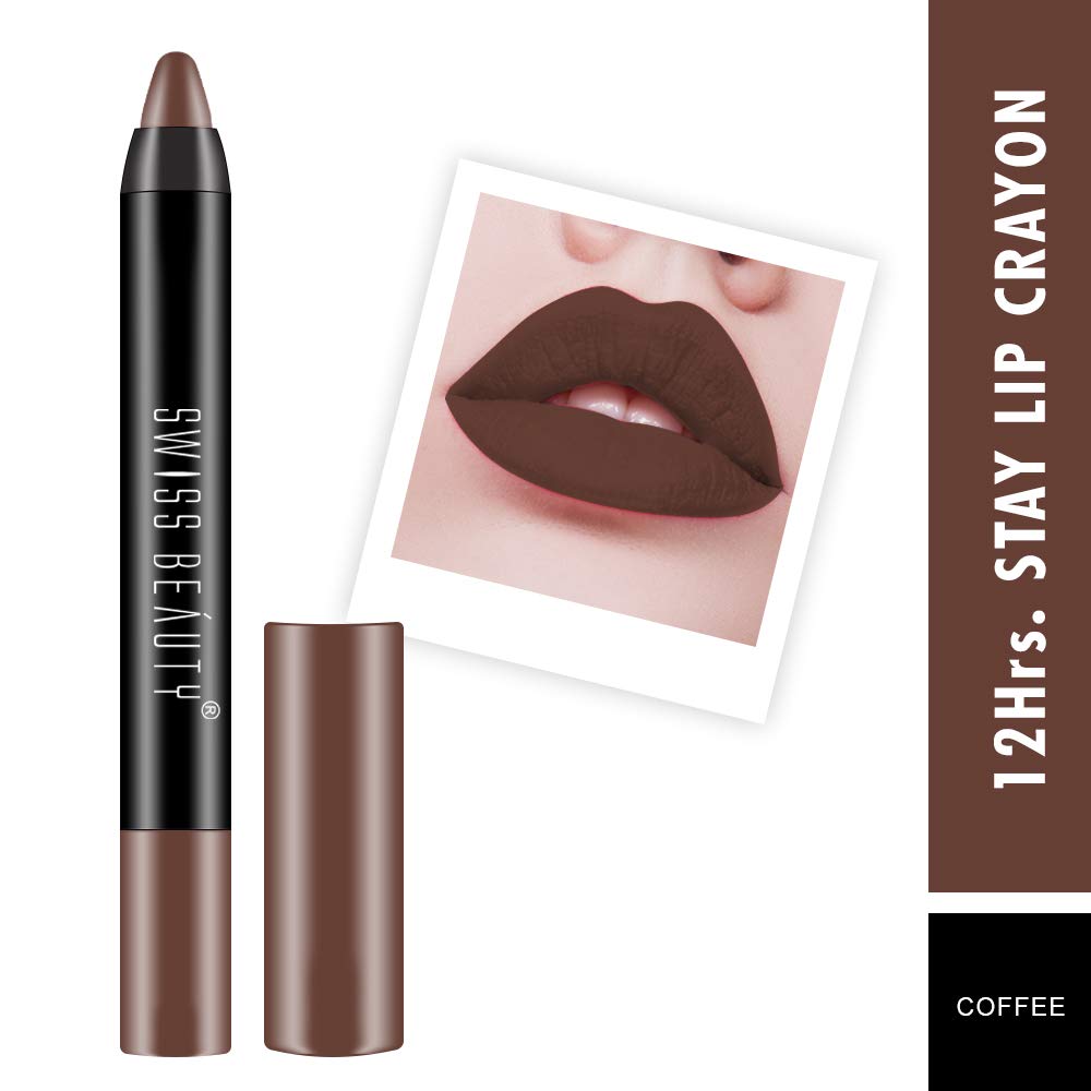 Swiss Beauty 12 Hrs. Stay Matte Lip Crayon, Coffee, 3g - Long Lasting, Waterproof, Super Stay, Matte Finish Lip Crayon, Long Wear, Crayon Lipstick