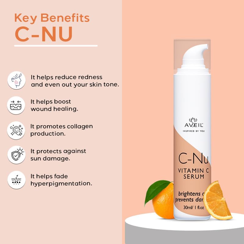 AVEIL C-Nu Vitamin C Face Serum - 30ml | Skin Rejuvenation | Hydrates & Improves Skin Texture | Vitamin C Face Serum for Radiant Glowing Skin | Lightens Hyperpigmentation & Dark Spots | All Skin Types
