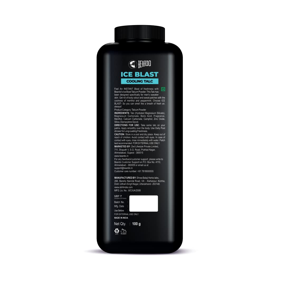 Beardo Ice Blast Talc Powder for men, 100g | INSTANT ICY COOLING Talcum Powder Men | Combat heat with Menthol | Goodness of Aloe vera & Vitamin E for Instant Freshness