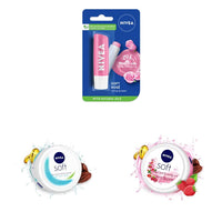 NIVEA Lip Balm, Soft Rose, 4.8g & NIVEA Soft Light Moisturizer Cream, with Vitamin E & Jojoba Oil for Face, 200 ml & NIVEA Soft Berry Blossom, Light Moisturizer for Face, 200 ml