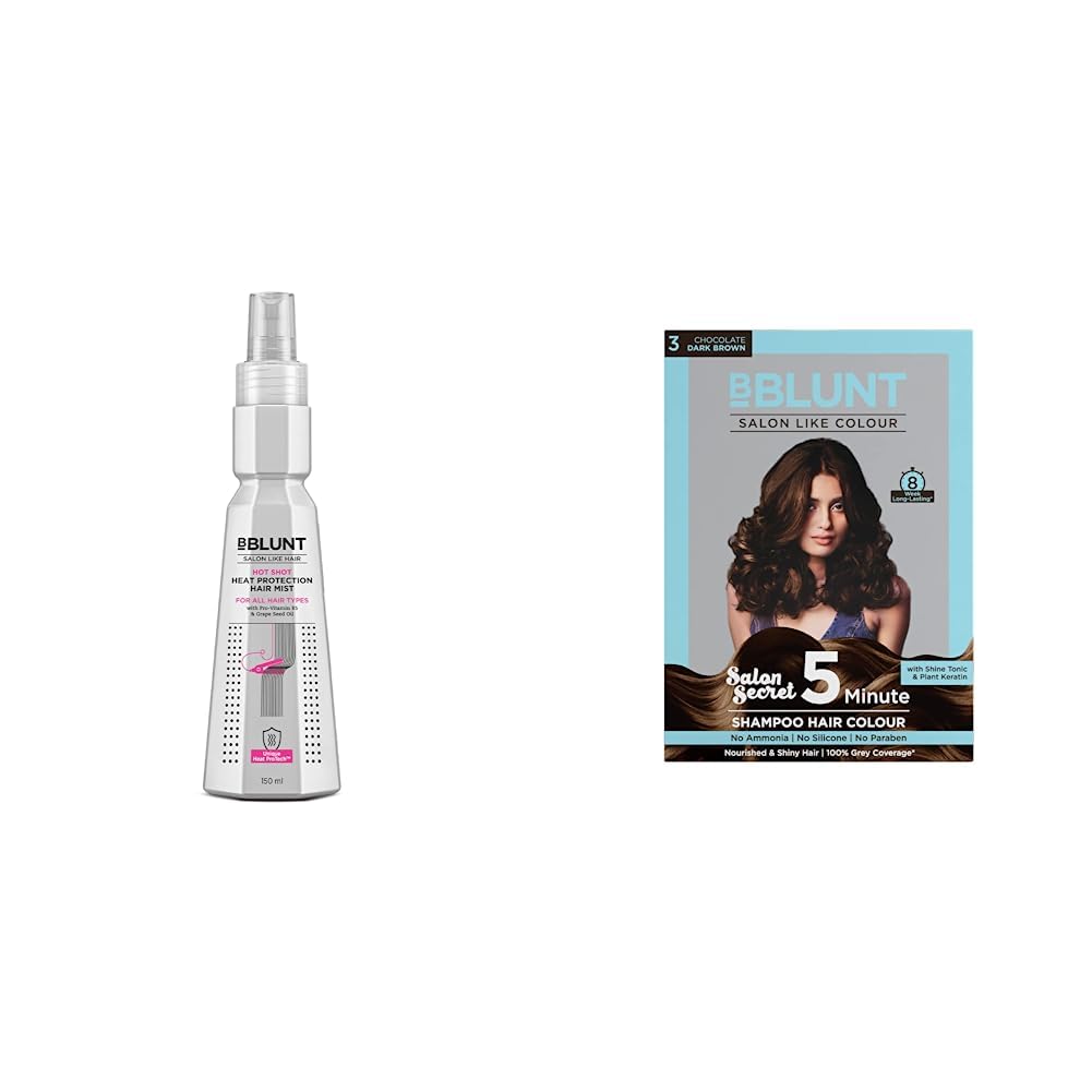 BBLUNT Hot Shot Heat Protection Mist 150Ml | Chocolate Dark Brown 5 Minute Shampoo Hair Colour 20Ml X 5 Spray