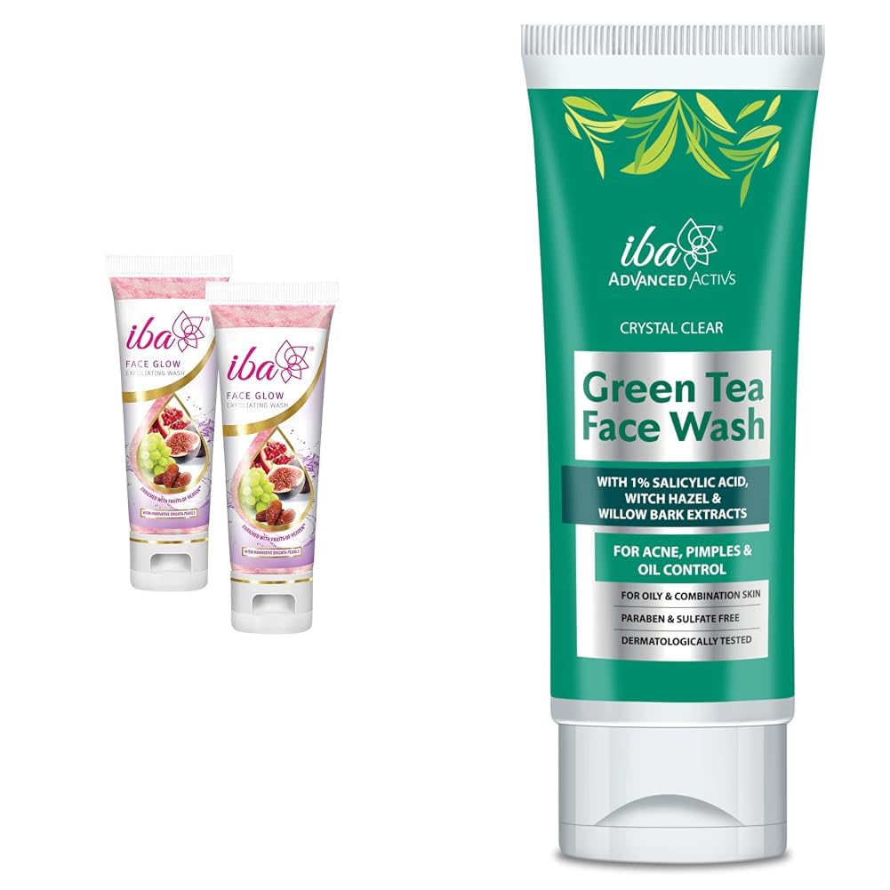 Iba Face Glow Exfoliating Wash, 100ml (Pack of 2) Advanced Activs Crystal Clear Green Tea Face Wash l High Foam l For Oily Combination & Acne Prone Skin | Halal Certified & Vegan-100 ml