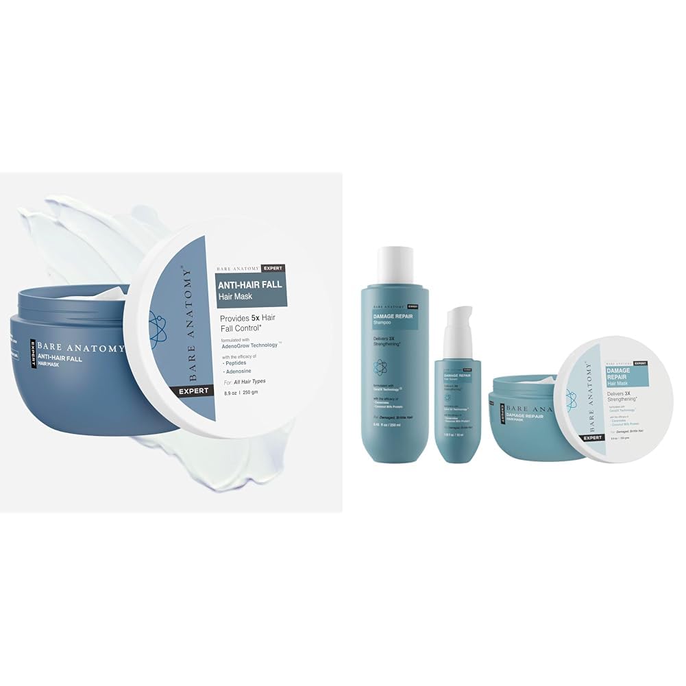 Bare Anatomy Anti-Hair Fall Mask Enriched with Adenosine and Peptides | 250 ml Damage Repair Shampoo + Hair Mask + Serum Kit, For Women and Men, 250 ml