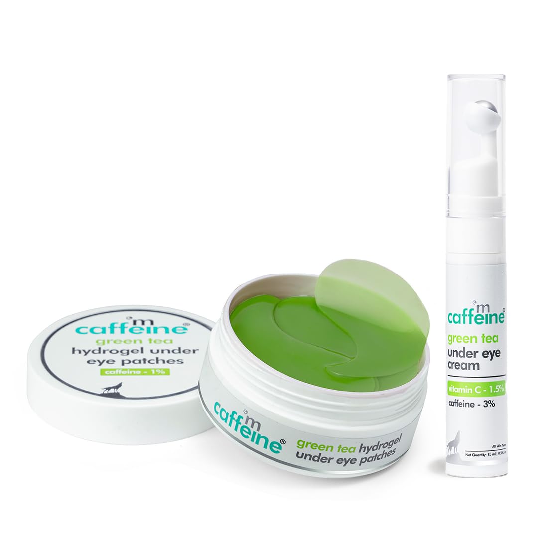 mCaffeine Fine Lines Reduction & Dark Circles Removal Duo | Enriched with Green Tea & Caffeine | Under Eye Cream & Hydrogel Under Eye Patches Combo for Women and Men | Value Pack