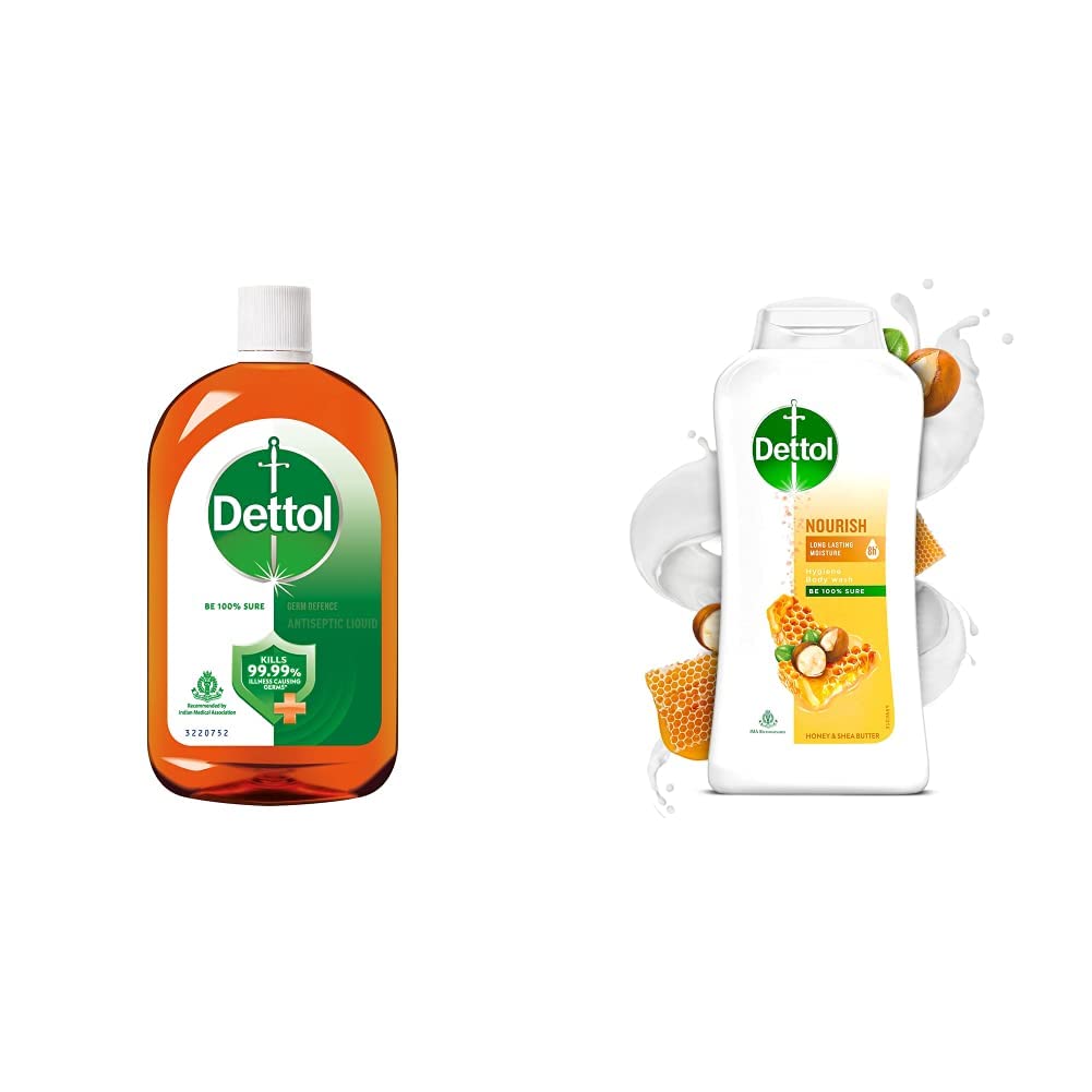 Dettol Antiseptic Liquid for First Aid, Surface Disinfection and Personal Hygiene, 1000ml & Body Wash and Shower Gel for Women and Men, Nourish - 250ml | Soap-Free Bodywash | 8h Moisturization