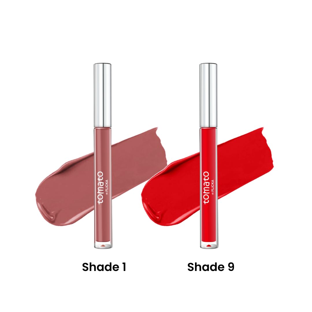 FLiCKA Tomato Liquid Matte Lipstick Transfer Proof, Smudge Proof, Non-Sticky, Creamy Lightweight, Shade 1 & Shade 9 Combo