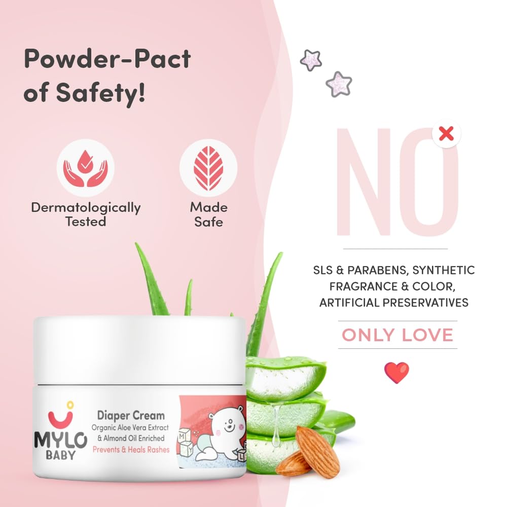 Mylo Baby Diaper Rash Cream 50gm | Prevents and Heals Rashes | With 15% Zinc Oxide | Care with Aloe Vera, Almond Oil & Vitamin E