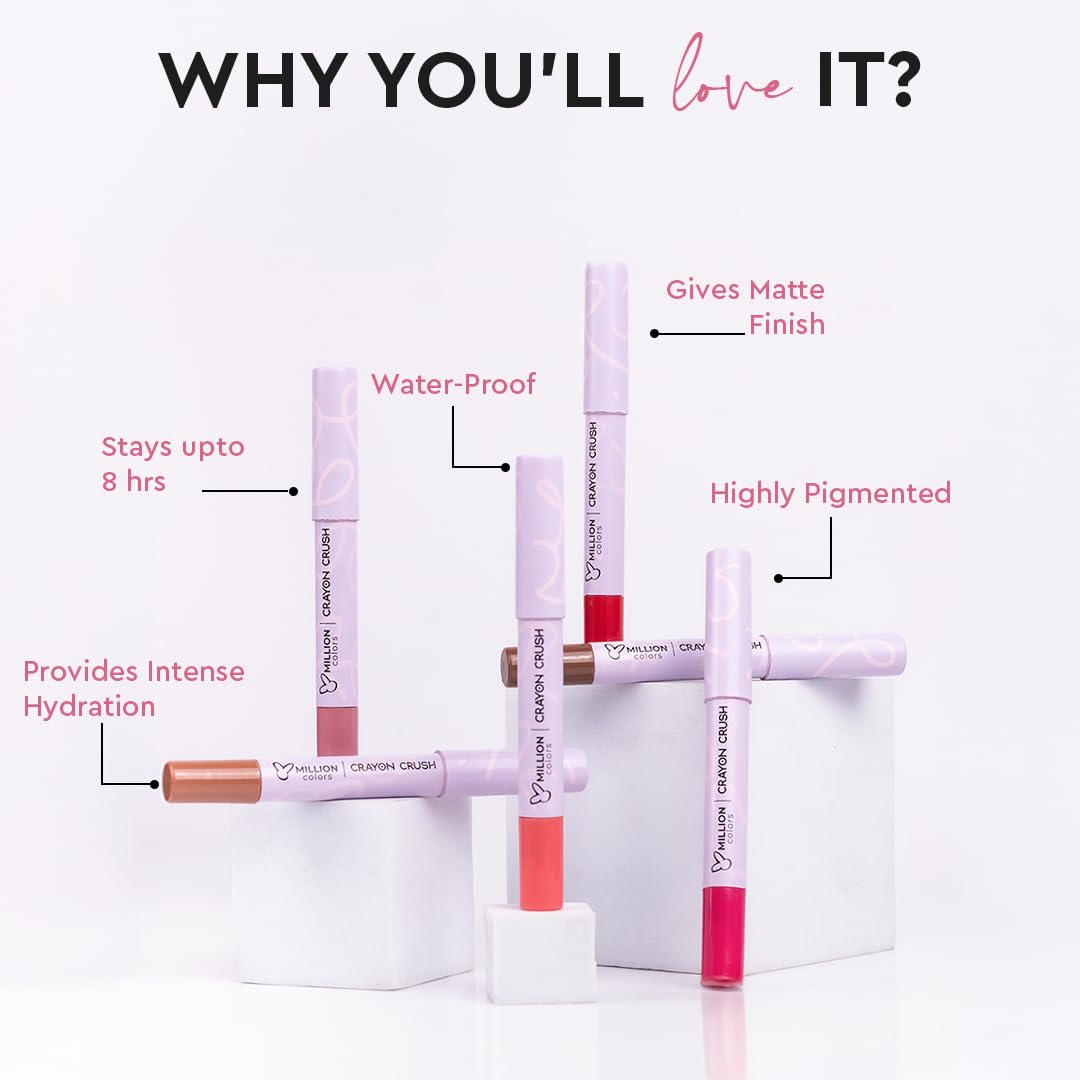 Million Colors Lip Crayon Lipstick | 8H Long-Lasting Matte | Hydrating & Lightweight | Highly Pigmented | Smudge-Proof & Transfer-Proof | Hyaluronic Acid & Shea Butter (Rosewood 07, 3g)