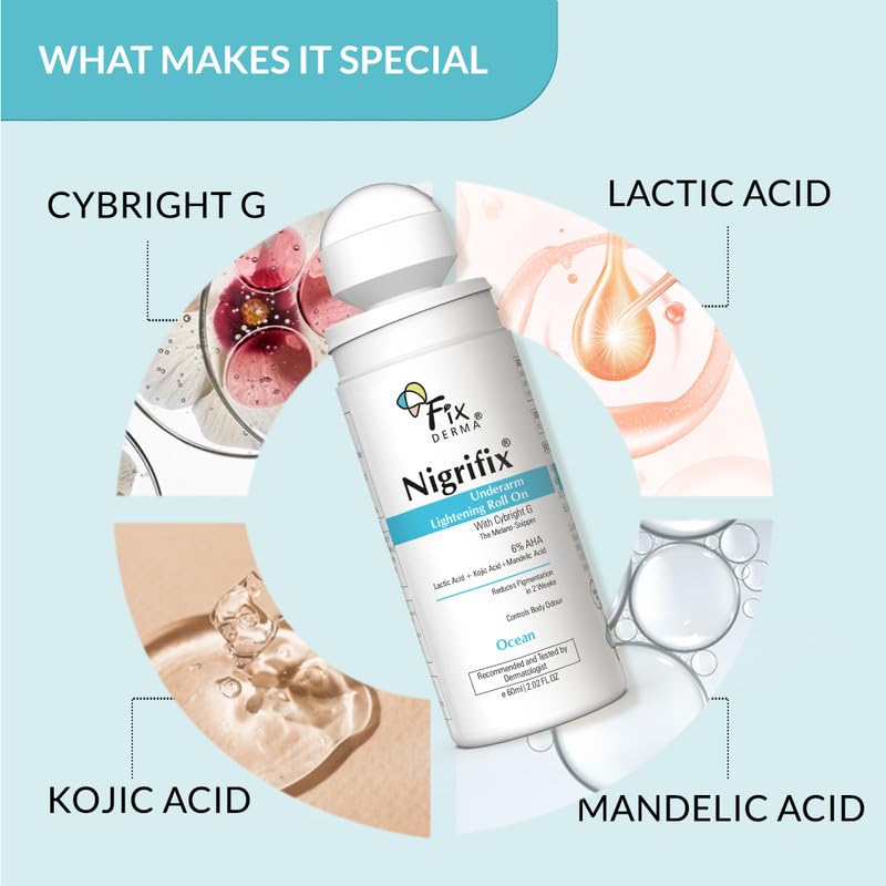 Fixderma Nigrifix Underarm Ocean Roll on With 6% AHA, Lactic Acid & 1% Mandelic Acid & Kojic Acid | Brightens Skin & Exfoliates Underarm | For Sensitive Skin - 60ml (Pack of 1)