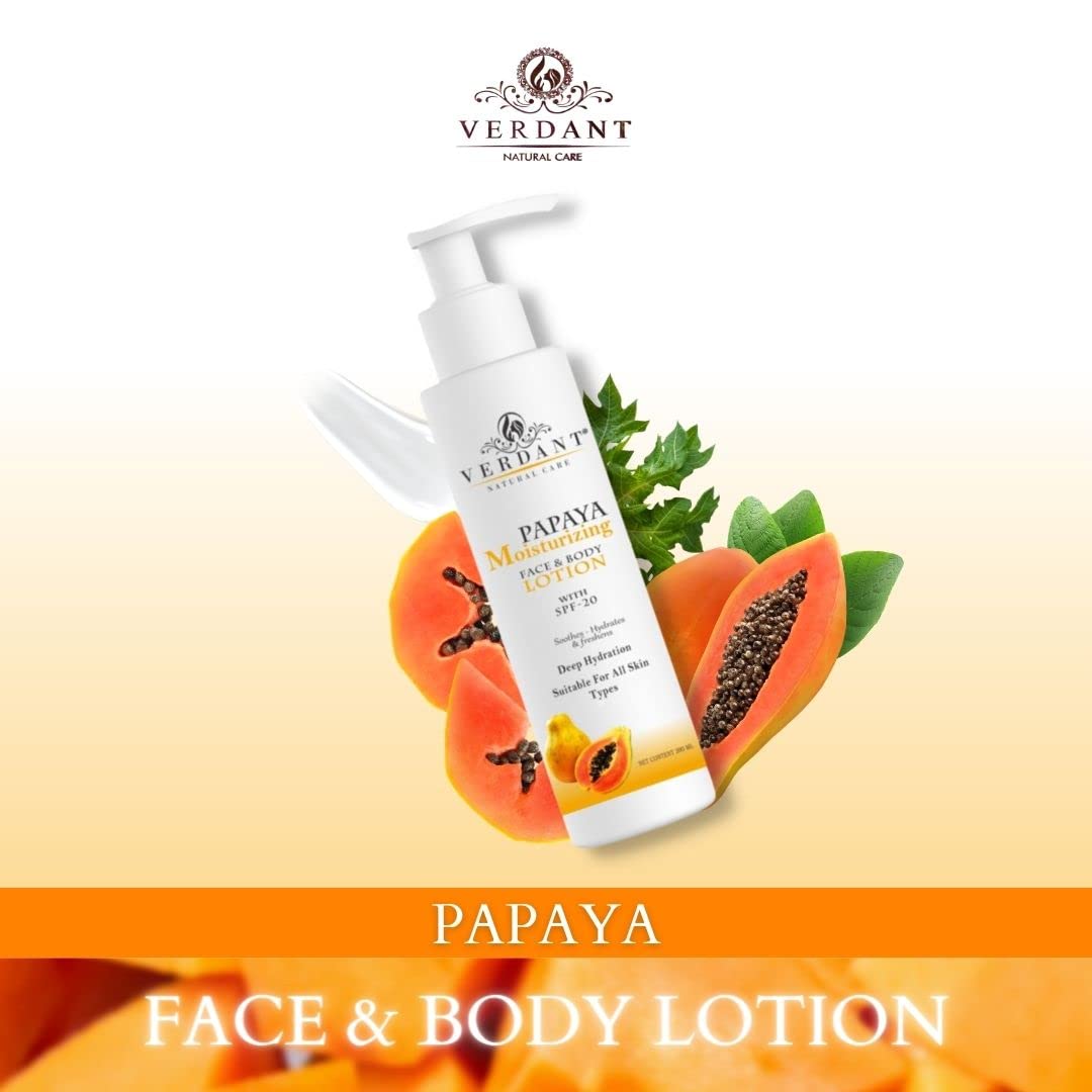 Verdant Natural Care Advanced and Deep Hydration, Moisture, Nourishing & Skin Brightening Papaya Body Lotion with SPF 20 and Papaya Extract - No Parabens, Sulphates - 200 ml