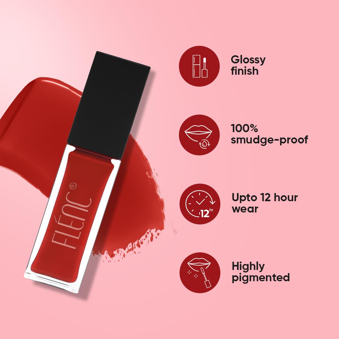 Flenc Ritzy Liquid Glossy Lipstick, 12 hrs Long Lasting Lipstick For Women With Intense Pigment, Hydrating, Waterproof & Smudge Proof Lipstick Formula In Ruby Red Shade, 10 ml-MOSCOW 1945C