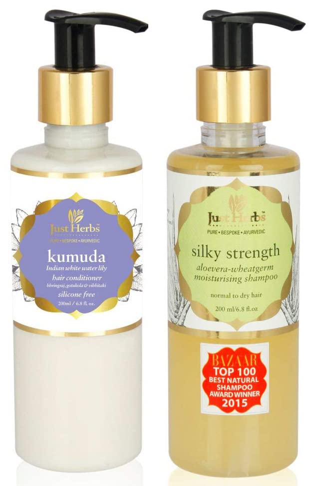 Just Herbs Kumuda Indian White Waterlily Conditioner, 200Ml And Silky Strength Aloevera Wheatgerm Moisturising Shampoo, Dry, 200Ml, Count 2