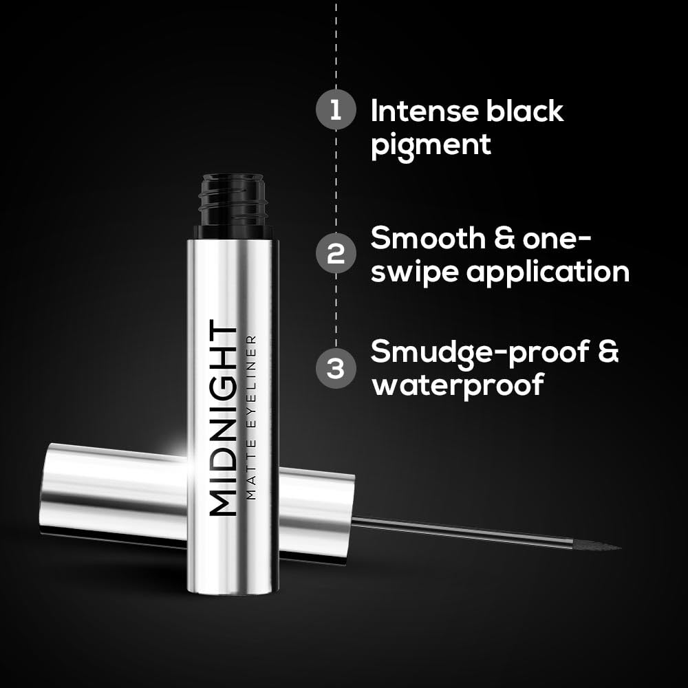 RENEE Midnight Matte Eyeliner | Darkest Black | Long Lasting | Smudge-Proof | Waterproof Formula | One-Swipe Application | Intense Pigment | Enriched with Vitamin E | Chamomile | Aloe Vera | 2.5ml