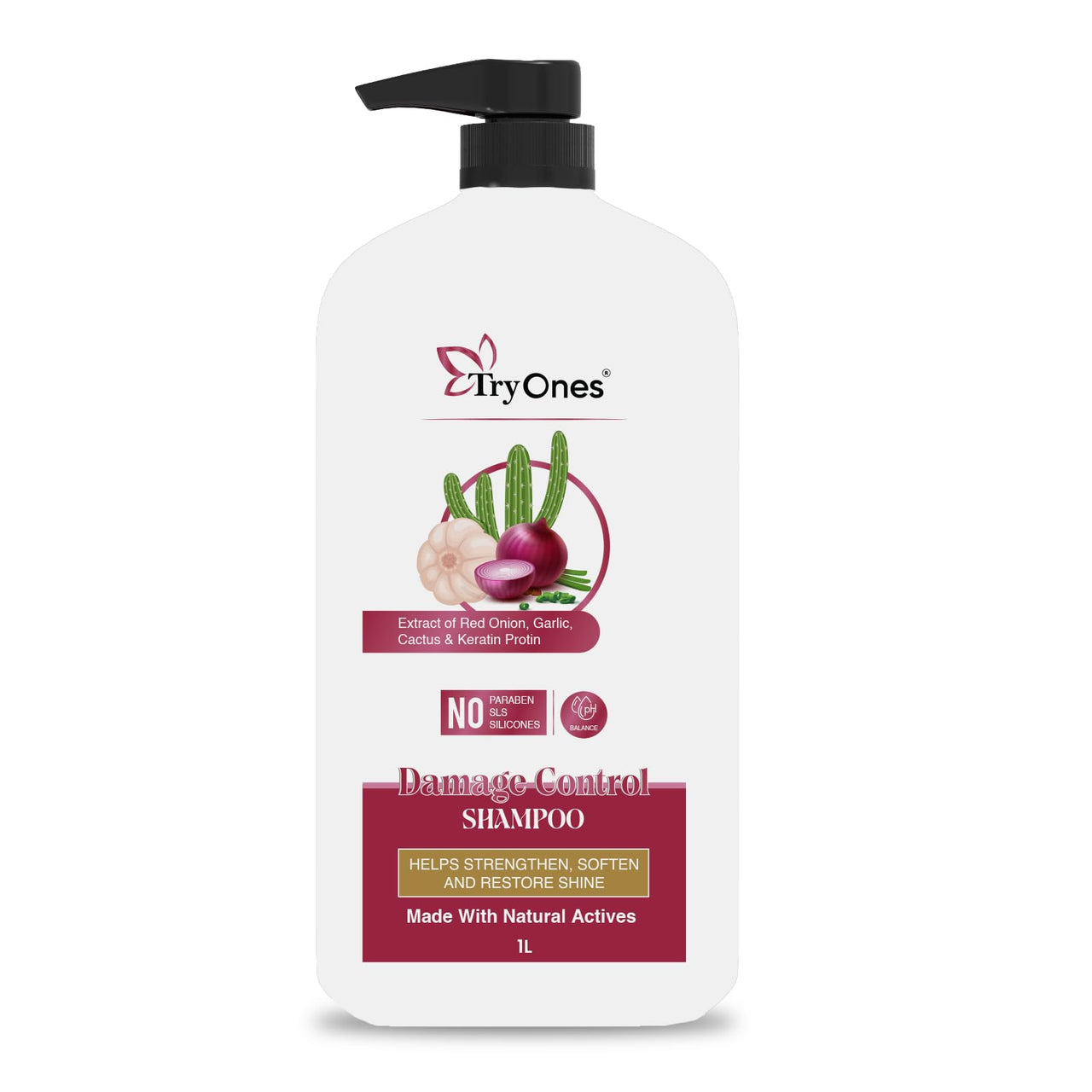 TryOnes Red Onion, Garlic, Cactus & Keratin Protin Shampoo Damage Control Strong & Nourished Hair For All Hair Types | For Women & Men | Net Weight: 1000 ml | Pack of 1