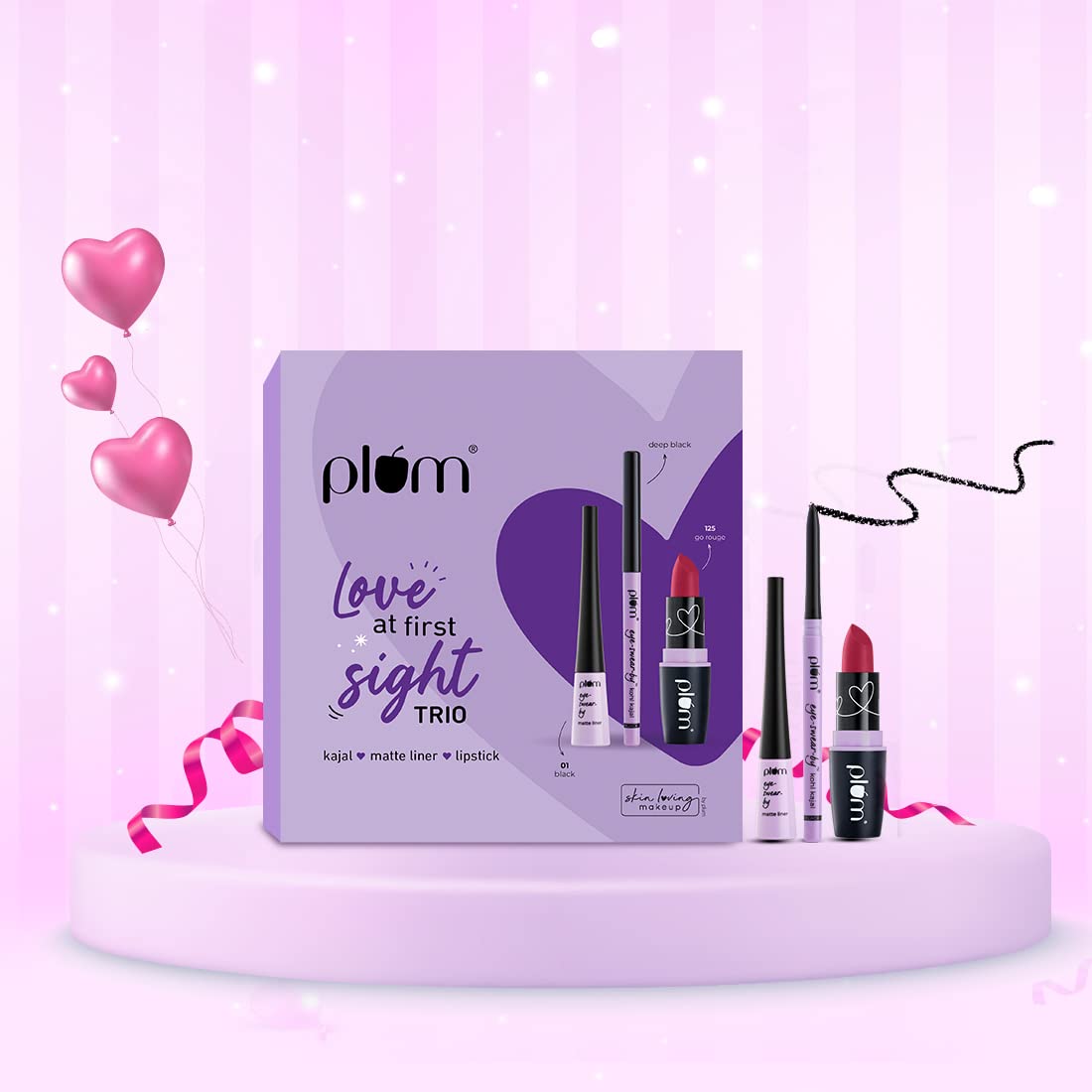 Plum Love At First Sight Trio | Eye-Swear-By Kohl Kajal - Deep Black + Eye-Swear-By Matte Liner 01 Black + Matterrific Lipstick 125 Go Rouge | 100% Vegan & Cruelty Free