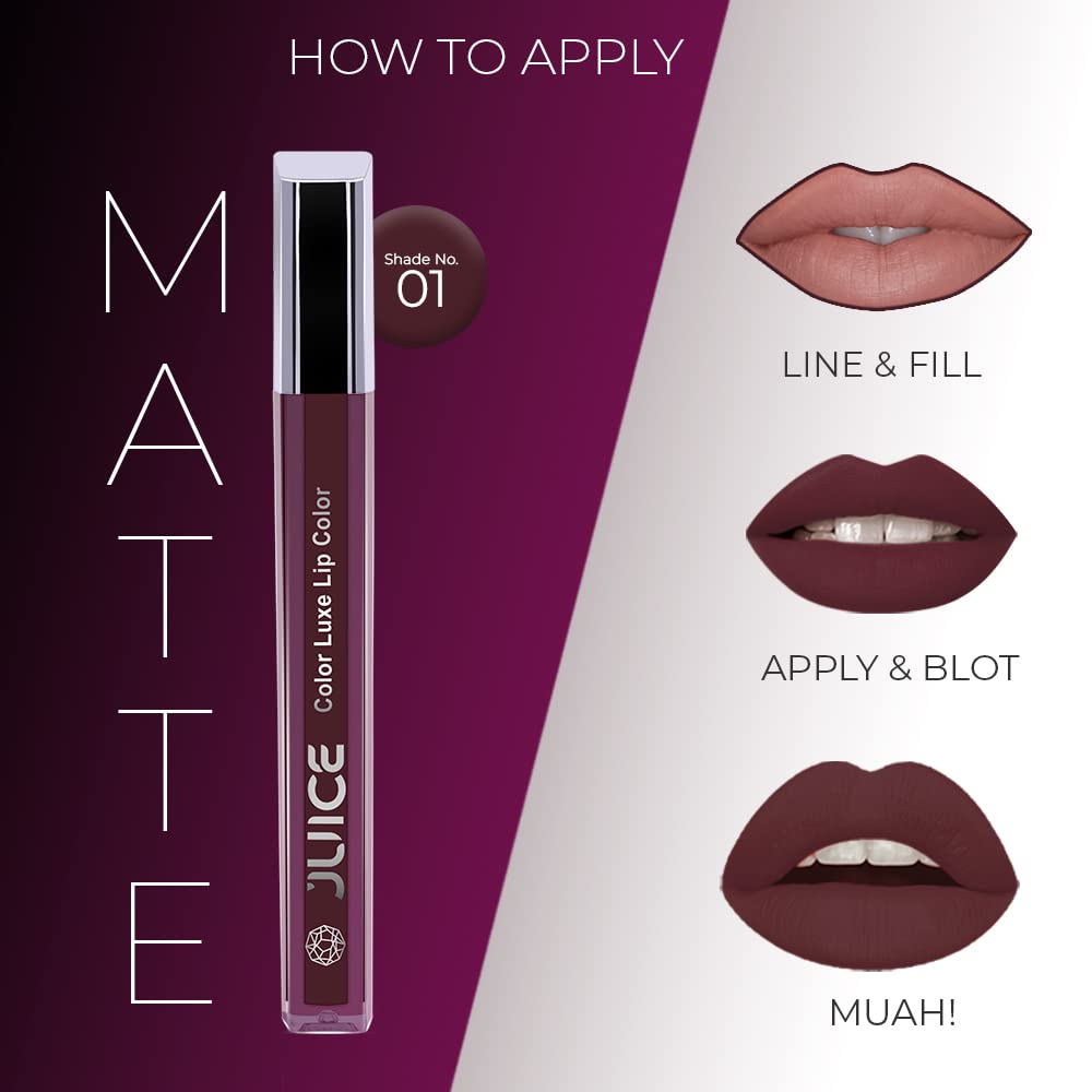 JUICE Matte Lipstick with Goodness of Bio Retinol, Moisturising lock technology, SPF 15 Waterproof & Long Lasting Chocolate Brown M01
