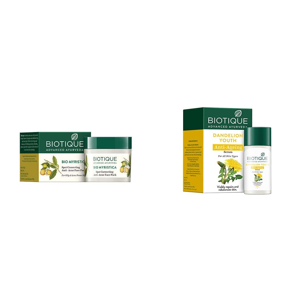 Biotique Bio Myristica Spot Correcting Anti Acne Face Pack, 20g & Dandelion Visibly Ageless Serum, 40ml