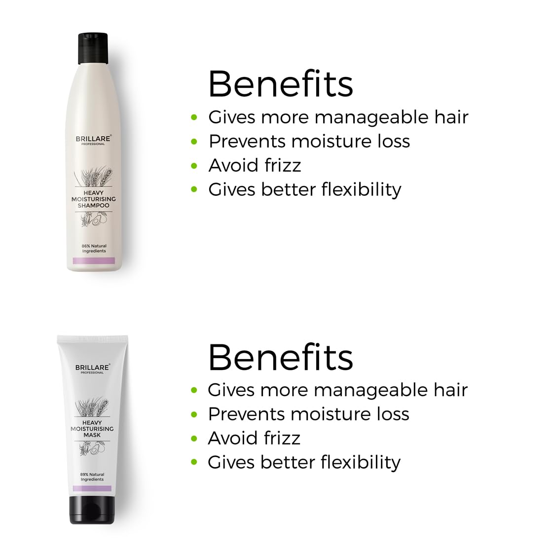 Brillare Professional Heavy Moisturising Natural Shampoo & Hair Mask Combo, Enriched With Wheat Germ & Avocado Fruit, Deeply Nourishes Dry and Frizzy Hair Shampoo 300ml+ Mask 125ml