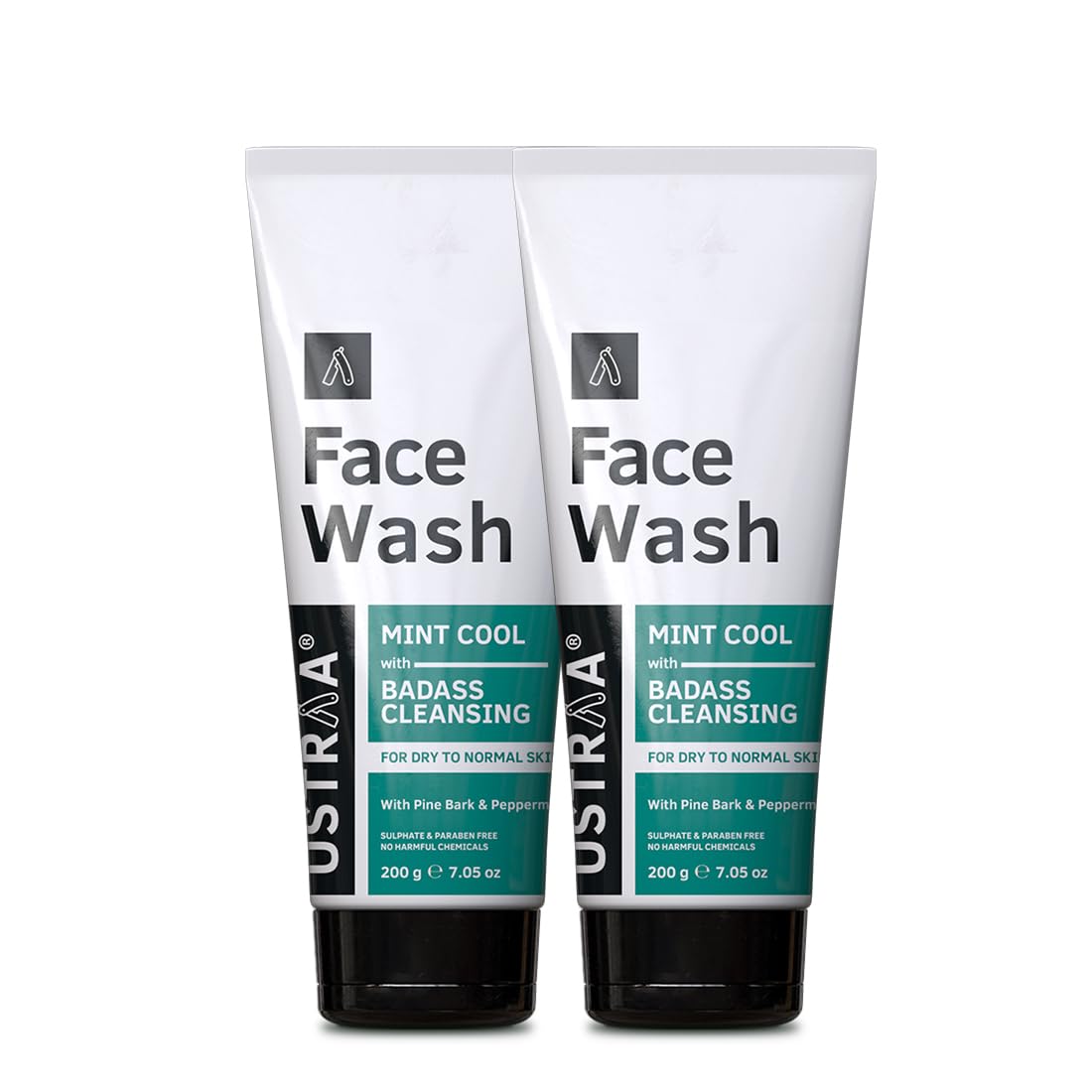 Ustraa Face Wash - Mint Cool - For Dry to Normal Skin - 200g x 2 (Set of 2) | Reduces Moisture Loss | Removes Dirt & Dead Skin | with Pine Bark & Peppermint | NO SLS, NO PARABEN