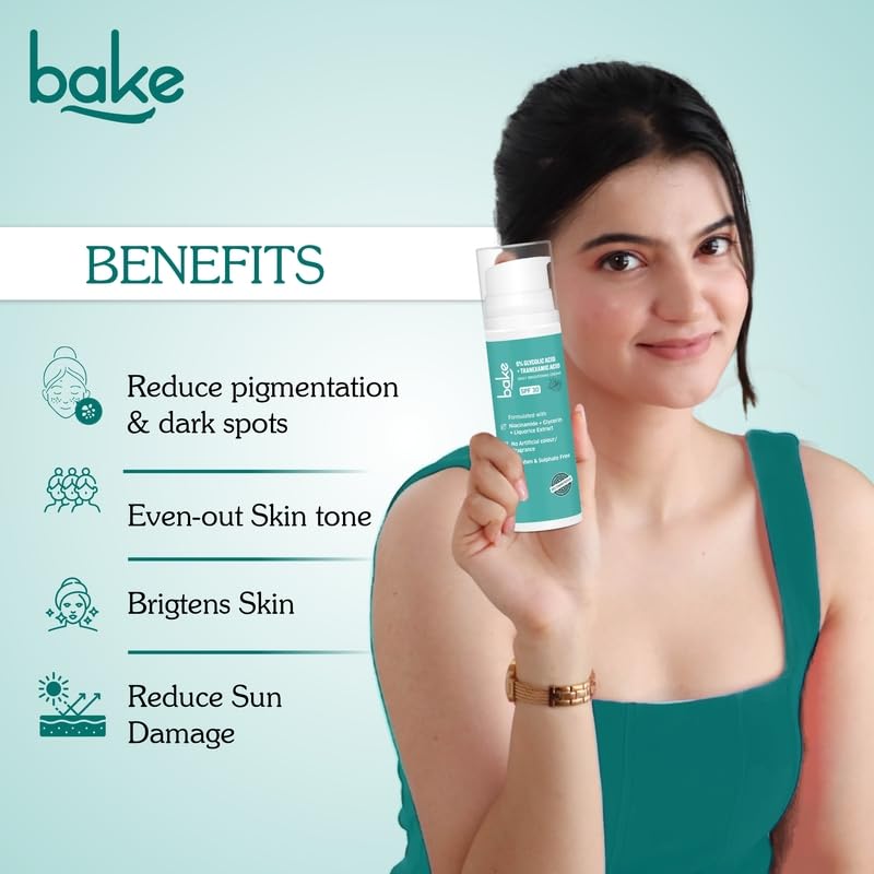 BAKE 6% Glycolic Acid Cream SPF 30 PA+++ with Niacinamide for Pigmentation, Dark Spots & Tan Removal | Daily Brightening Cream | Improves Uneven Skin Tone & Reduces Sun Damage | For Men & Women | 30g