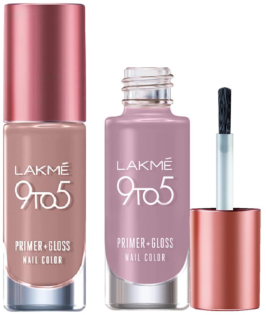 Lakmé 9to5 P+G Nail Color AppleBlossom 6ml & Lakmé 9 To 5 Primer + Glossy Finish Nail Colour Combo
