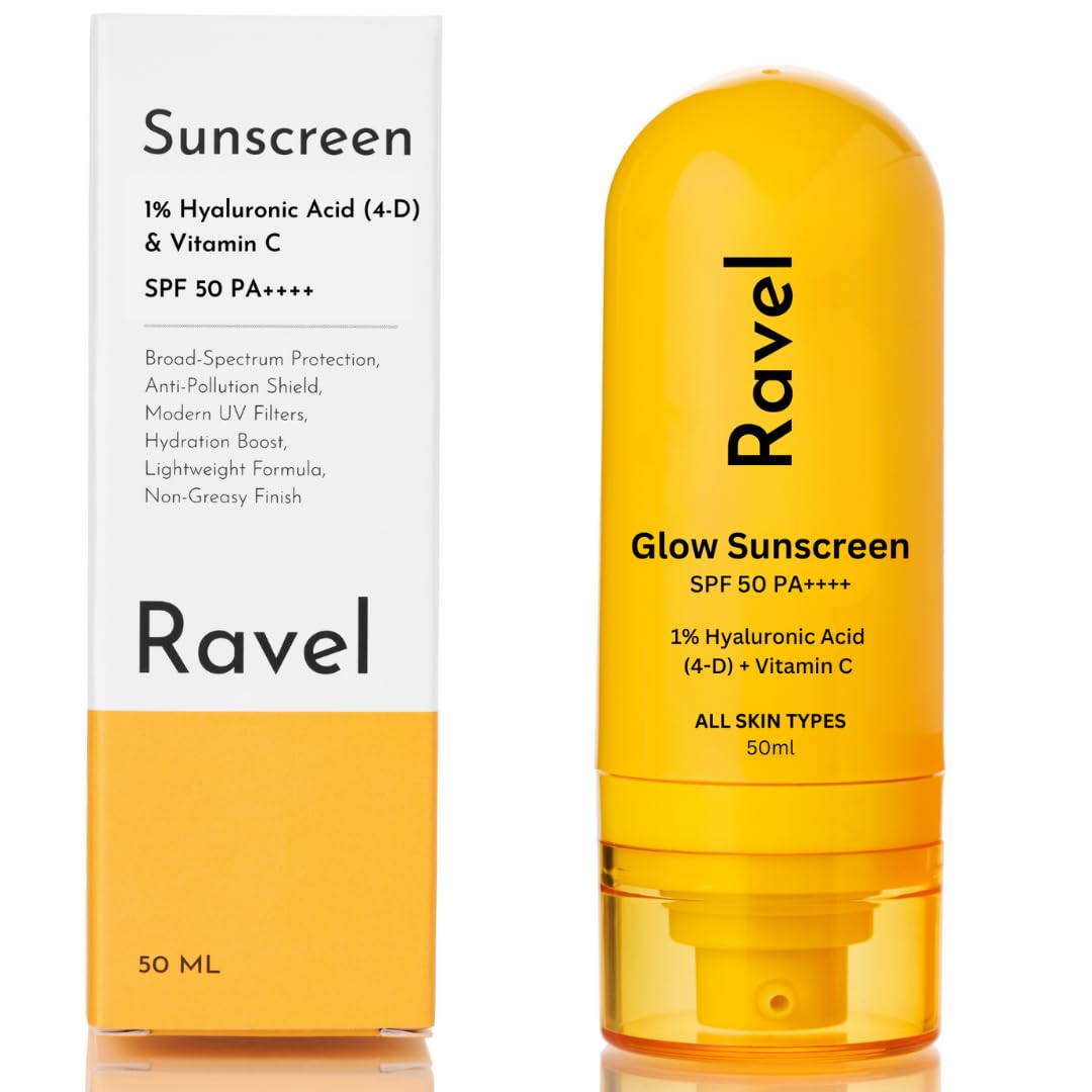 Ravel Ultra-Light Sunscreen SPF 50 for oily skin | 1% Hyaluronic + Vitamin C SPF 50 PA++++ | Sunscreen SPF 50 for combination skin | Blue Light Protection | Non-Greasy, No White Cast | 50ml for Dry & Acne-prone Skin