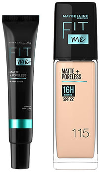 Maybelline New York Liquid Foundation Medium Coverage For Oily Skin oil And Fit Me Matte,115 Ivory + Poreless Primer, Pack Of 1