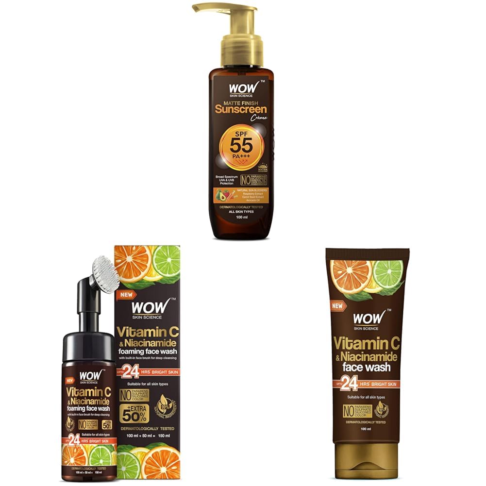 WOW Skin Science Sunscreen For All Skin Types Spf 55 Pa+++ Matte Look Ultra Light& Brightening Vitamin C Foaming Face Wash&Brightening Vitamin C Face Wash,Pack Of 1