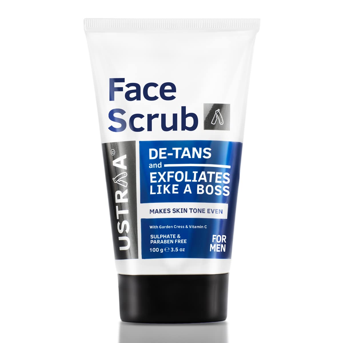 Ustraa De-Tan Face Scrub for Men, 100g| Exfoliation & Effective Tan Removal | Walnut Granules & Face Wash - Oily Skin - 100g - With Basil & Key Lime - For Ane-Prone Skin | No SLS | Checks Acne