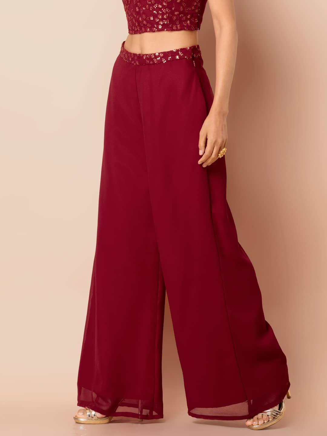 Indya Womens Solid Embellished Waist Palazzo Pants