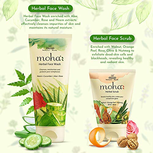 Moha: Herbal Face Wash 200 ml with Herbal Scrub 50 ml | Aloe, Cucumber, Rose, Neem and Yashtimadhu | Combo Pack of 2