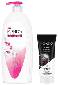 POND's Triple Vitamin Moisturising Body Lotion 600 ml & POND's Pure Detox Face Wash 100 g, Daily Exfoliating & Brightening Cleanser, Deep Cleans Oily Skin