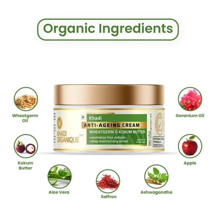 Khadi Organique Anti Ageing Cream Wheat Germ & Kokum Butter Reduce Wrinkles & Fine Lines | Suitable for Men & Women of all Skin Types - 50gm