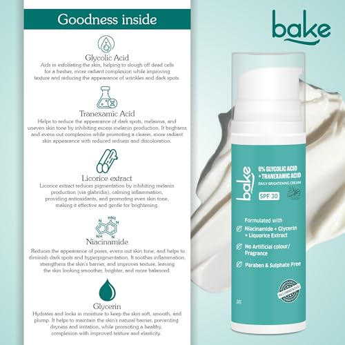 BAKE 6% Glycolic Acid Cream SPF 30 PA+++ with Niacinamide for Pigmentation, Dark Spots & Tan Removal | Daily Brightening Cream | Improves Uneven Skin Tone & Reduces Sun Damage | For Men & Women | 30g