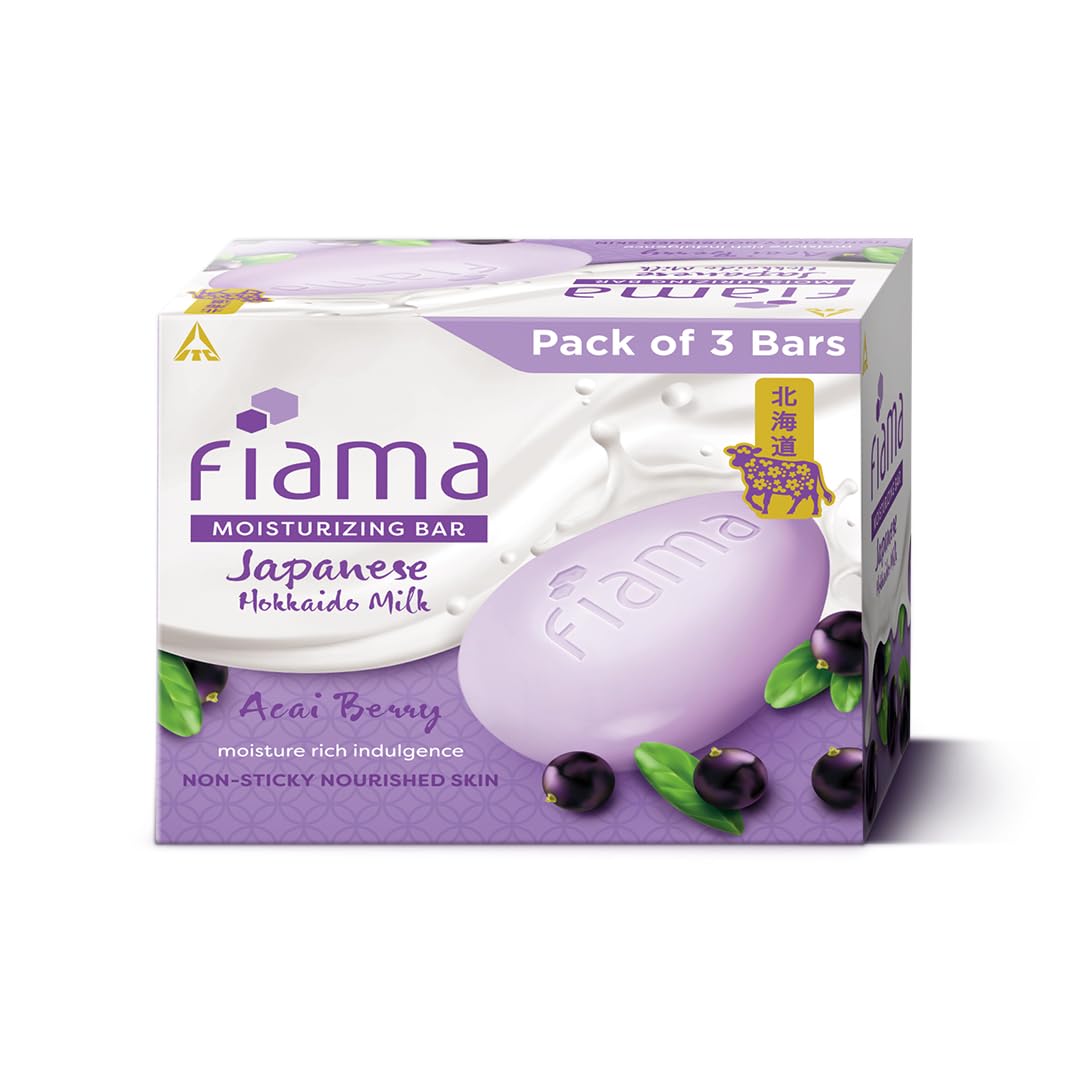 Fiama Moisturizing Soap Bar, Japanese Hokkaido Milk & Acai Berry, Soap Pack of 3, Non-Sticky Moisturized Skin, 1/3rd Skin Moisturizers, Vitamin F, Fragrant Freshness