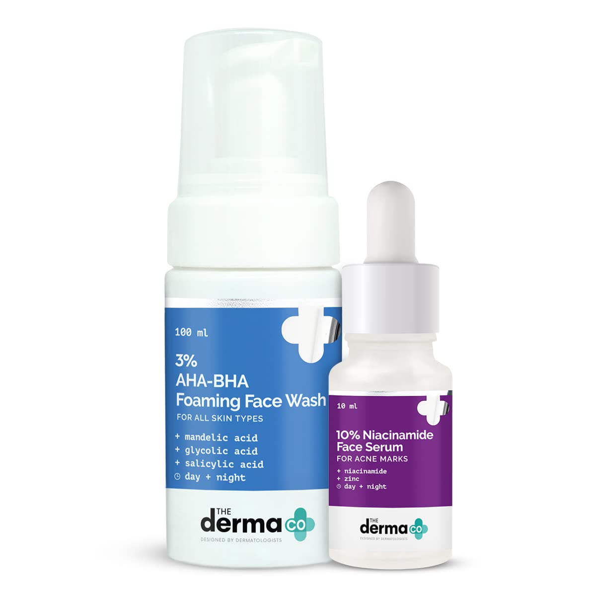 The Derma Co Reverse Acne & Acne Marks Combo - 10% Niacinamide Serum (30 ml) + 3% AHA BHA Foaming Face Wash (100 ml)
