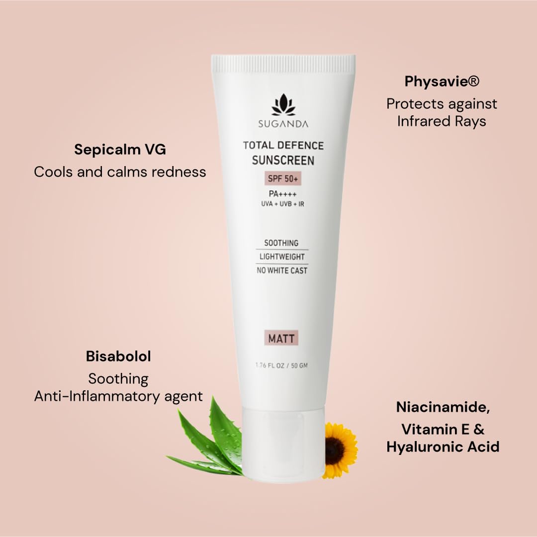 SUGANDA SKINCARE Total Defence Sunscreen | SPF 50| PA++++ | For UVA, UVB & IR Protection | NO WHITE CAST | 50g | with VITAMIN E, NIACINAMIDE & HYALURONIC ACID | ALL SKIN TYPES | MATTE