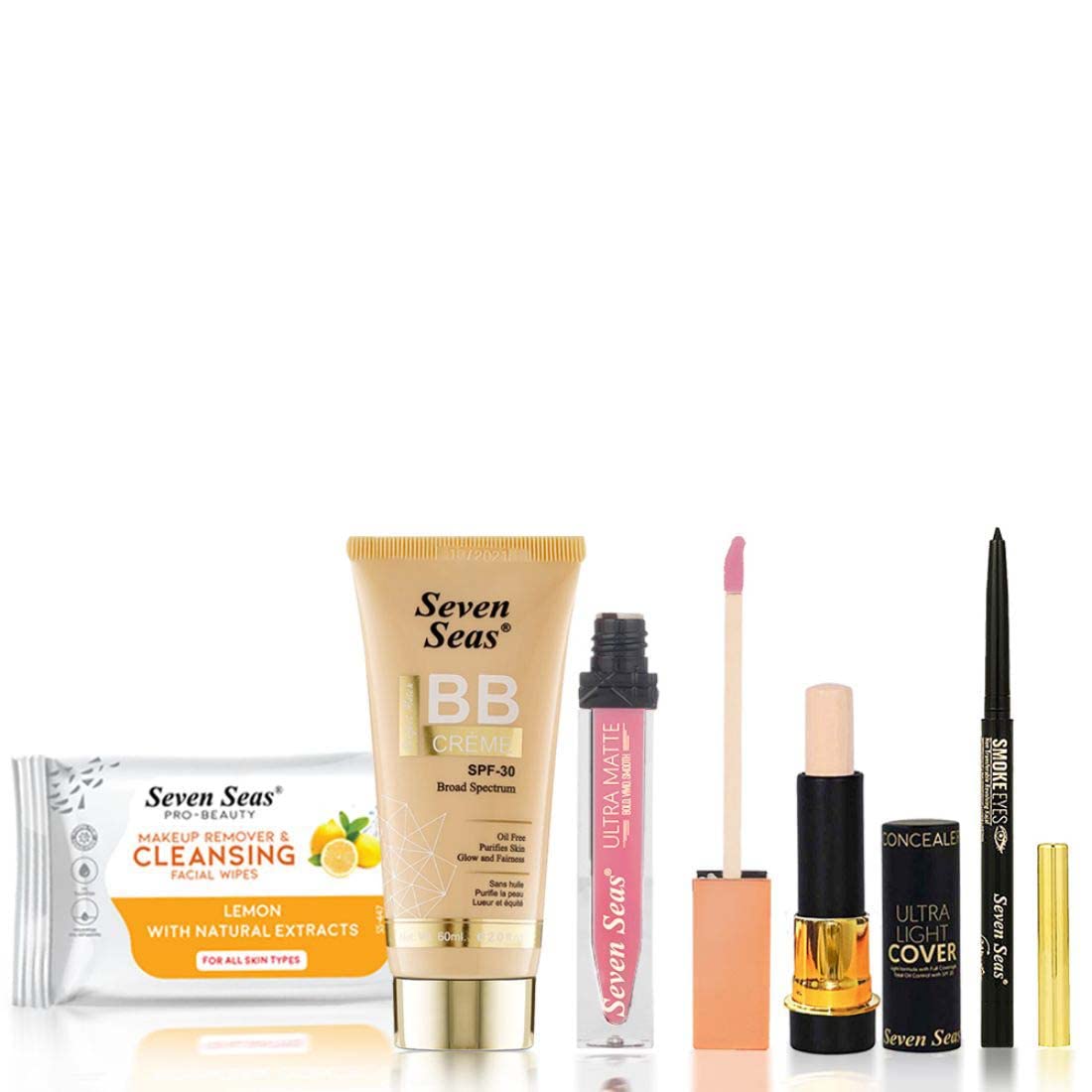 Seven Seas Light weight, BB Tube Board Spectrum Foundation, Face Primer, Liquid Lipstick, Oil Concealer, Kajal, Makeup Remover with | Full Coverage | face makeup (Combo set) (Women) (Skin)
