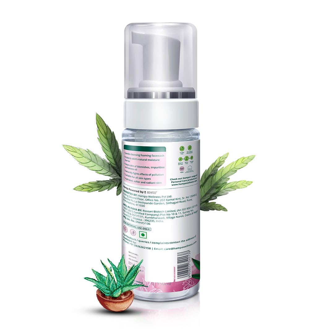 Hampa Hemp Foaming Facewash150ml, for Gentle, Mild & Hydrating Cleansing, Doesn't Dry Out Your Skin, for All Skin Types, with Hemp, Aloe Vera, Cucumber and Hyaluronic- No toxins