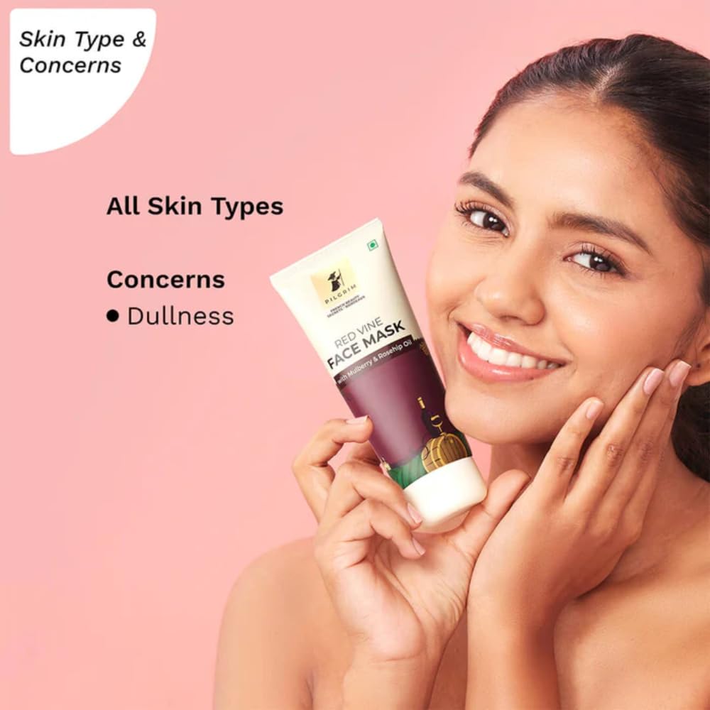 Pilgrim Anti Ageing Red Vine Face Pack & Mask Paste with Mulberry Extracts & Rosehip Oil for Glowing Skin, De-Tan, Dark Spots, Blackheads Removal, 100g