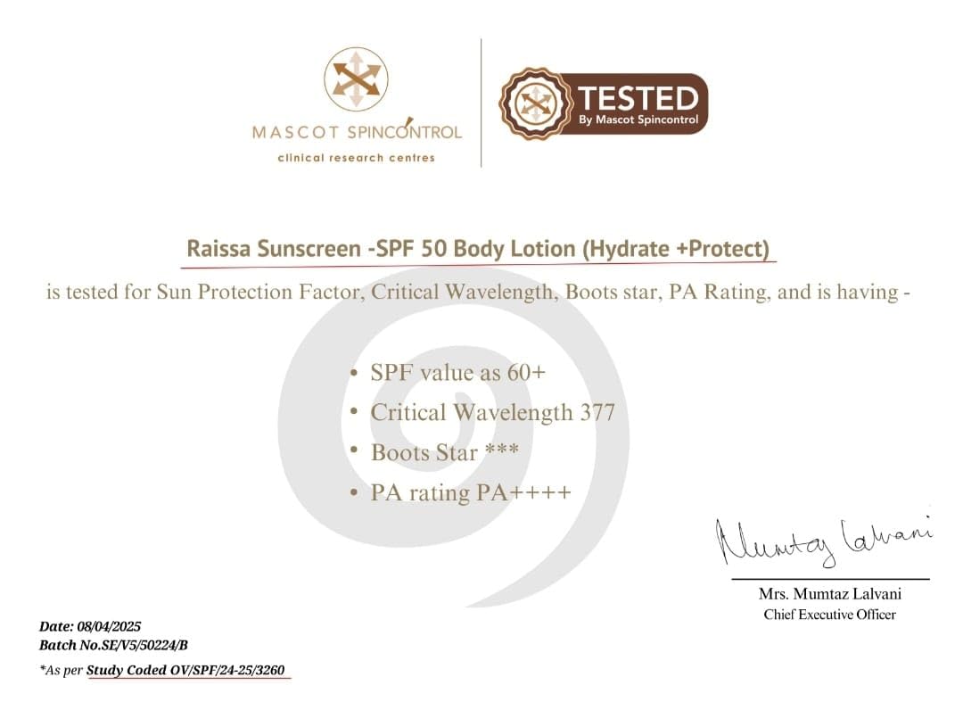 Raissa SPF 50 Sunscreen Body Lotion 200ml, HYDRATE AND PROTECT, PA++++, UVA/UVB, 4D Hyaluronic Acid and Cermaides, No SILICONE, NO OXYBENZONE, NO WHITE CAST. PARABEN FREE,