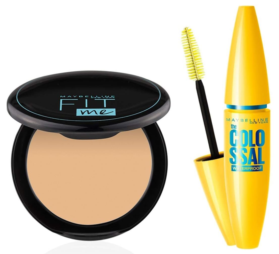 Maybelline New York Volume Express Colossal Matte, Natural Masacara, Waterproof, Black, 10Ml & New York Full Compact Powder,Oily Skin, With Spf, Absorbs Oil, Fit Me, 128 Warm Nude, 8G, 2 count