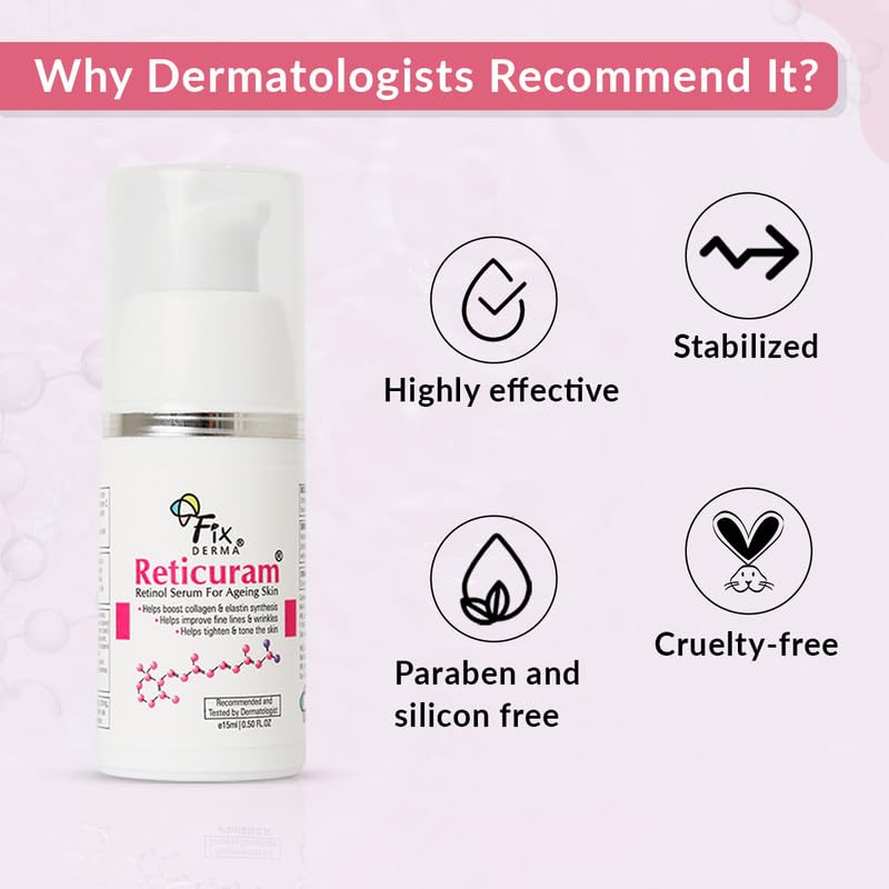 Fixderma .05% Pure Retinol Reticuram Face Serum for Anti Aging, Boost Collagen, Night Face Serum with Retinol & Vitamin C to Reduce Fine Lines & Wrinkles for Unisex - 15ml